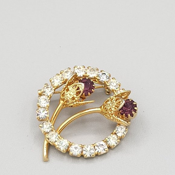 Womens Gold Tone Metal Rhinestone Detailed Flower Brooch & Clip On Earrings Set - Picture 2 of 6